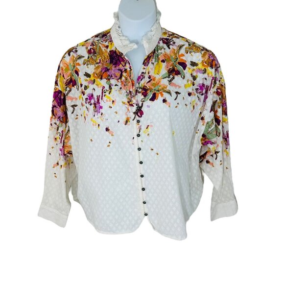 Pilcro Anthropologie Women's Plus Size 1X Tavi Floral Textured Ivory Shirt - Picture 1 of 8
